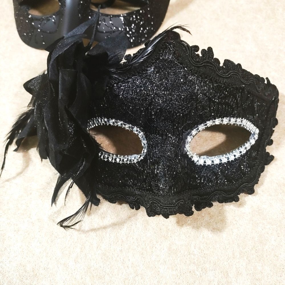Venetian His and Hers Masquerade Couples Black Mask Set #9 - Picture 3 of 5